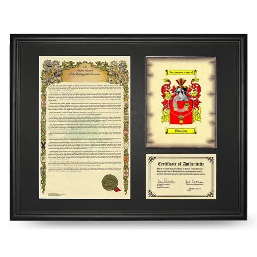 Hinojos Framed Surname History and Coat of Arms - Black