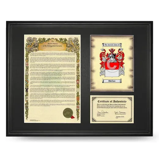 Hirther Framed Surname History and Coat of Arms - Black