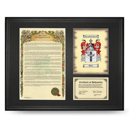 Hites Framed Surname History and Coat of Arms - Black