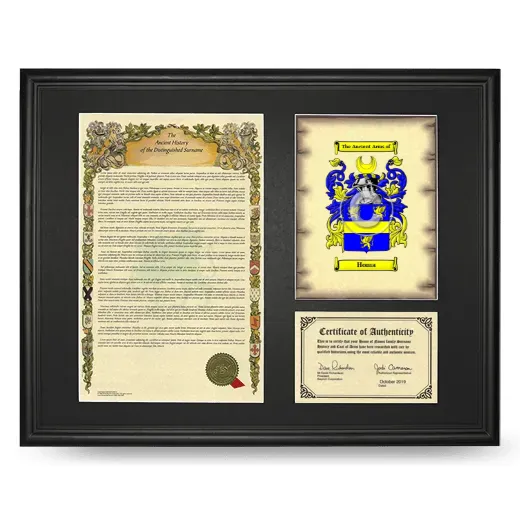 Homa Framed Surname History and Coat of Arms - Black