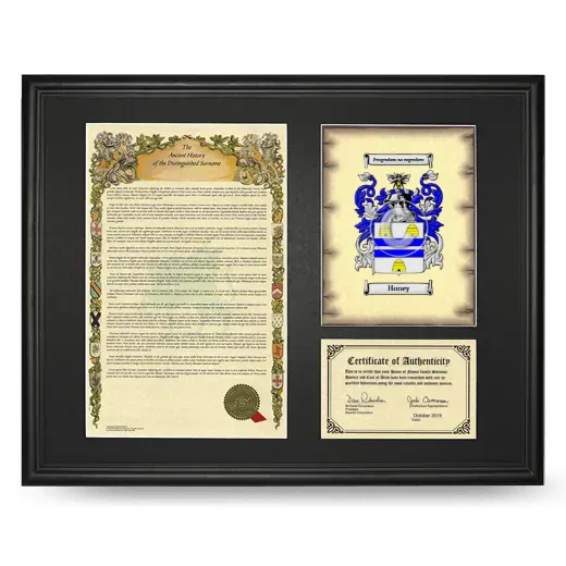 Honey Framed Surname History and Coat of Arms - Black
