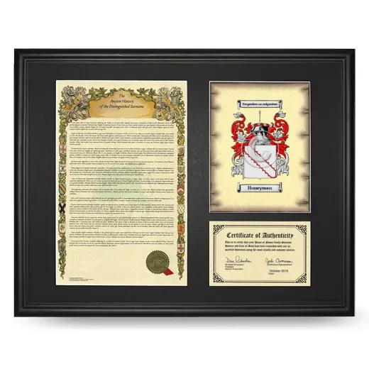 Honeyman Framed Surname History and Coat of Arms - Black