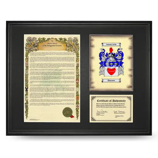 Housen Framed Surname History and Coat of Arms - Black