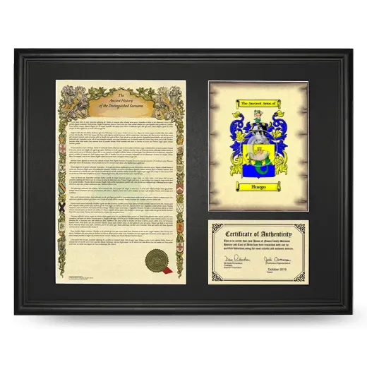 Huego Framed Surname History and Coat of Arms - Black