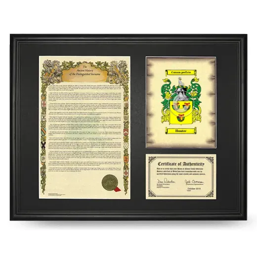 Hunter Framed Surname History and Coat of Arms - Black