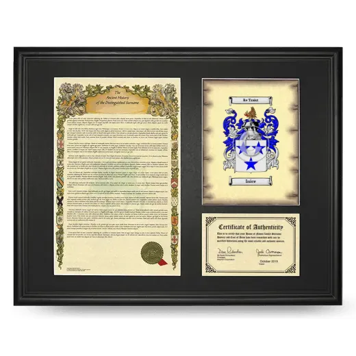 Inice Framed Surname History and Coat of Arms - Black