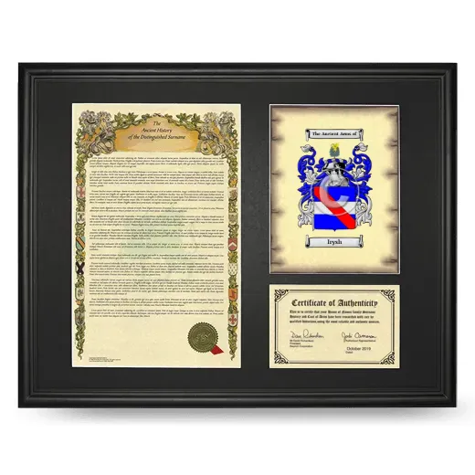 Irysh Framed Surname History and Coat of Arms - Black