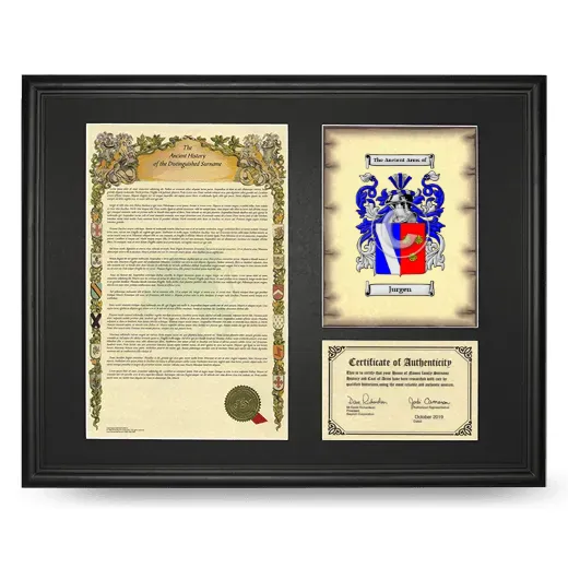 Jurgen Framed Surname History and Coat of Arms - Black