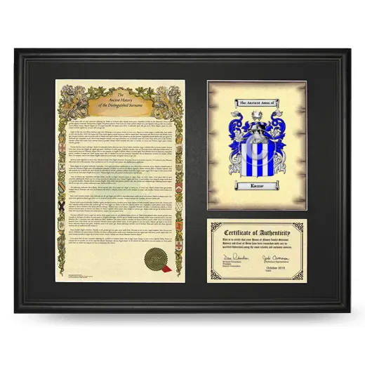 Kame Framed Surname History and Coat of Arms - Black