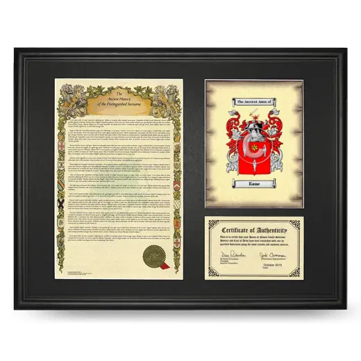Kane Framed Surname History and Coat of Arms - Black