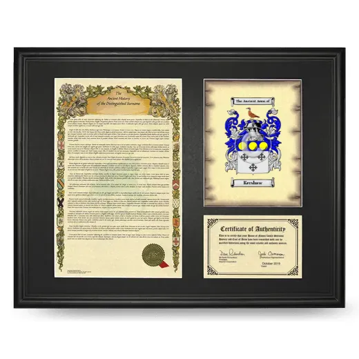 Kershaw Framed Surname History and Coat of Arms - Black