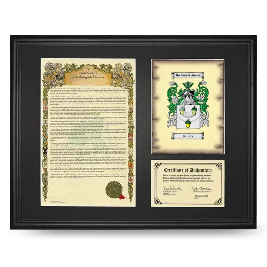 Kuntz Framed Surname History and Coat of Arms - Black