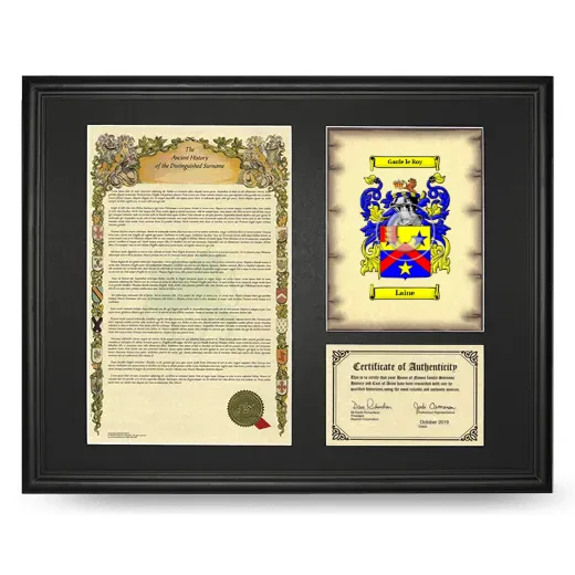 Laine Framed Surname History and Coat of Arms - Black