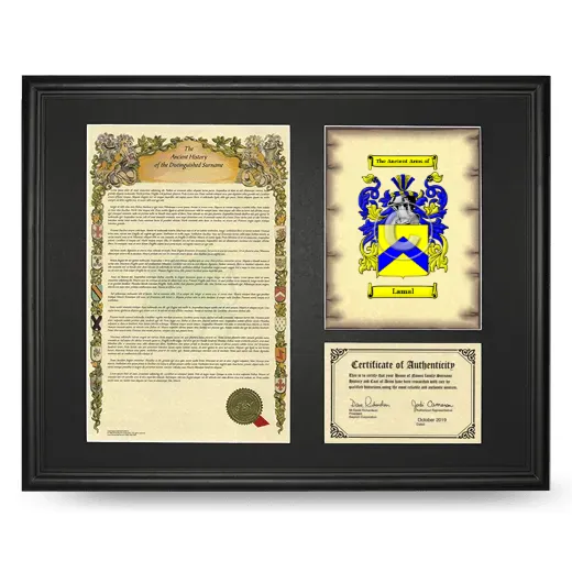Lamal Framed Surname History and Coat of Arms - Black