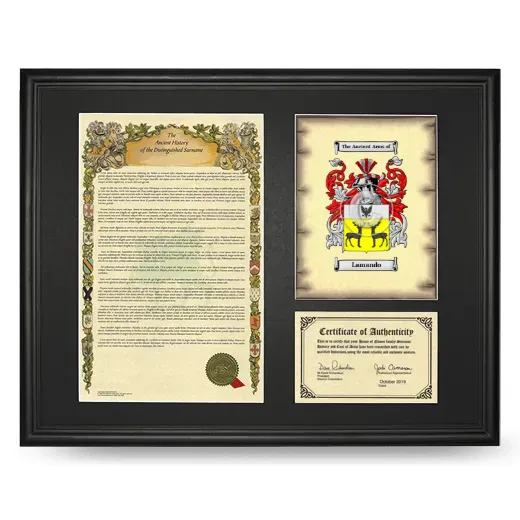 Lamando Framed Surname History and Coat of Arms - Black