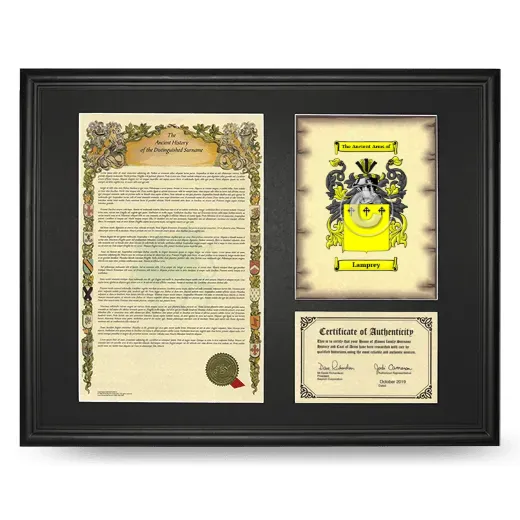 Lamprey Framed Surname History and Coat of Arms - Black