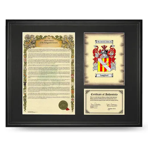 Langford Framed Surname History and Coat of Arms - Black