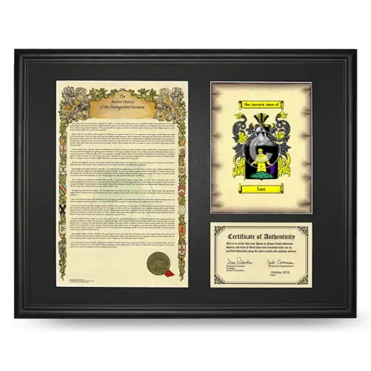 Lau Framed Surname History and Coat of Arms - Black