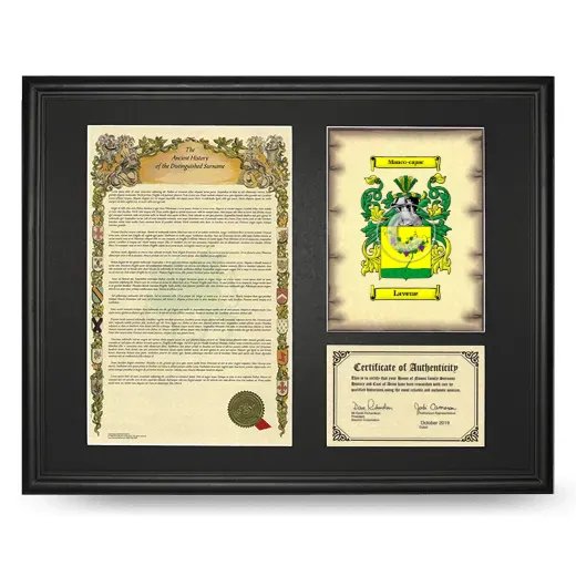 Lavene Framed Surname History and Coat of Arms - Black