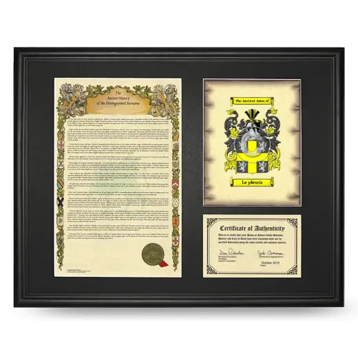 Le plessis Framed Surname History and Coat of Arms - Black