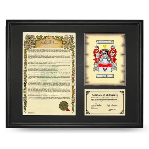 Leeds Framed Surname History and Coat of Arms - Black