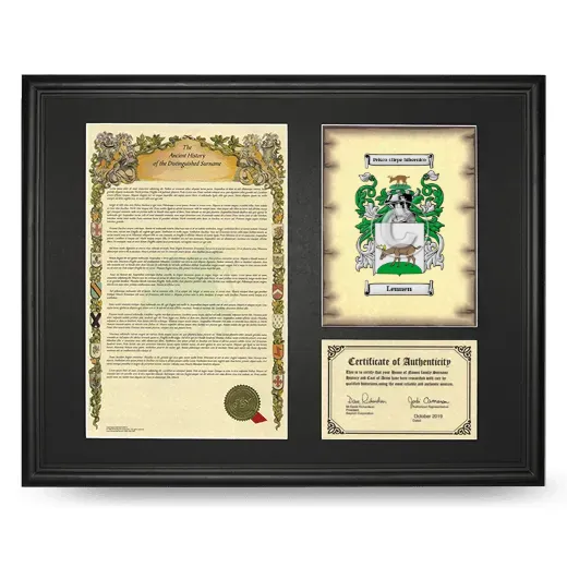 Lennen Framed Surname History and Coat of Arms - Black
