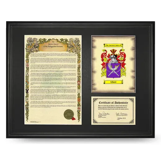 Liberi Framed Surname History and Coat of Arms - Black