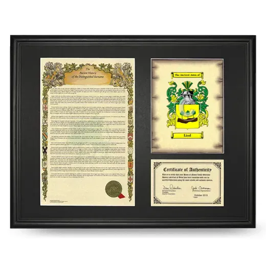 Lind Framed Surname History and Coat of Arms - Black