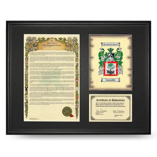 Lizarralde Framed Surname History and Coat of Arms - Black
