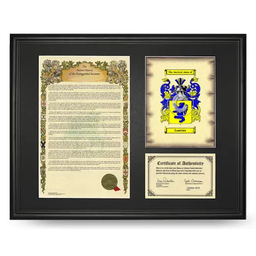 Louvier Framed Surname History and Coat of Arms - Black