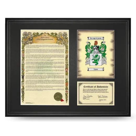 Lyon Framed Surname History and Coat of Arms - Black