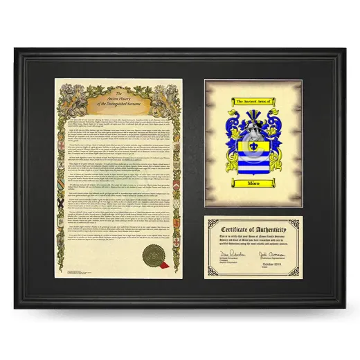 Mòro Framed Surname History and Coat of Arms - Black