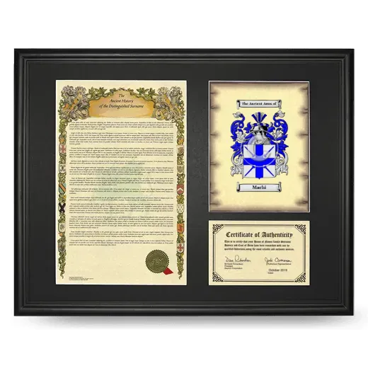 Machi Framed Surname History and Coat of Arms - Black