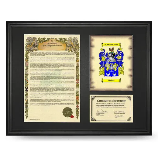 Mahar Framed Surname History and Coat of Arms - Black