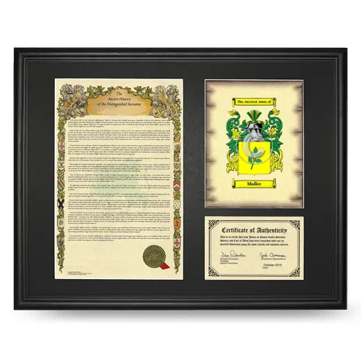 Maller Framed Surname History and Coat of Arms - Black