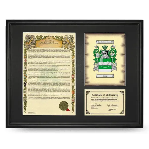 Mani Framed Surname History and Coat of Arms - Black
