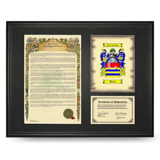 Manor Framed Surname History and Coat of Arms - Black