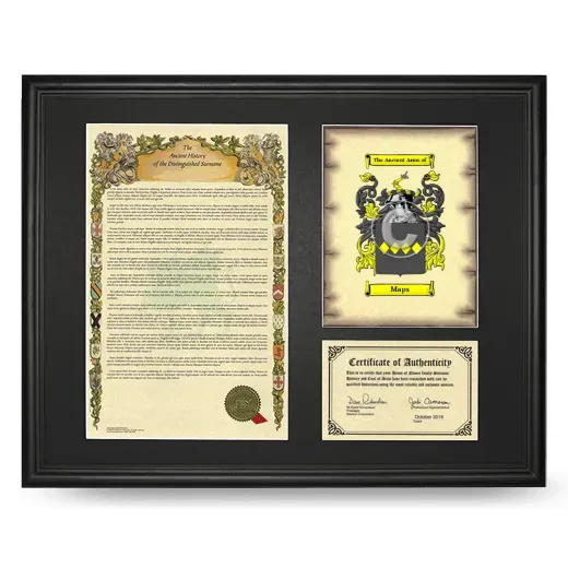 Maps Framed Surname History and Coat of Arms - Black