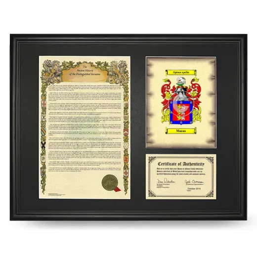 Maras Framed Surname History and Coat of Arms - Black