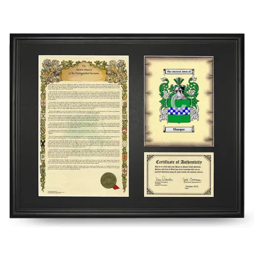 Marque Framed Surname History and Coat of Arms - Black