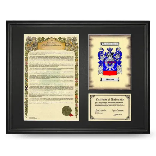 Martino Framed Surname History and Coat of Arms - Black