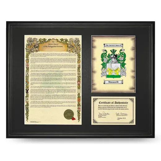 Massarelli Framed Surname History and Coat of Arms - Black
