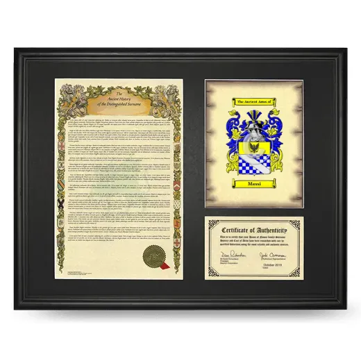 Massi Framed Surname History and Coat of Arms - Black