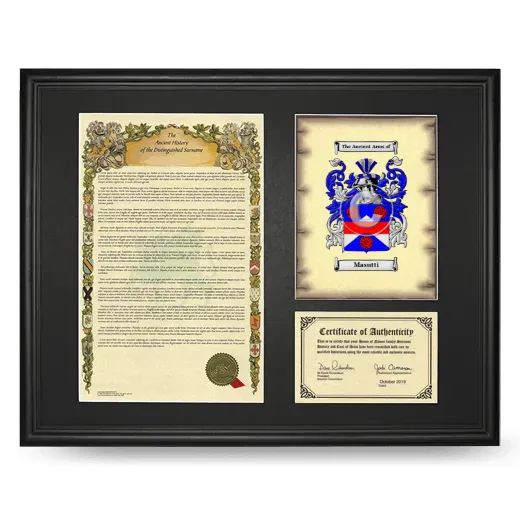 Masutti Framed Surname History and Coat of Arms - Black