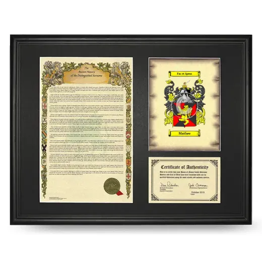 Mathee Framed Surname History and Coat of Arms - Black