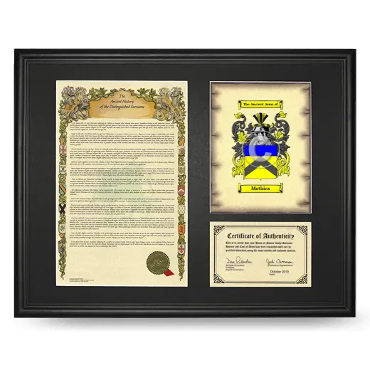 Mathius Framed Surname History and Coat of Arms - Black