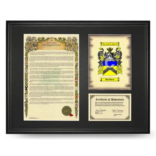 Mattheus Framed Surname History and Coat of Arms - Black