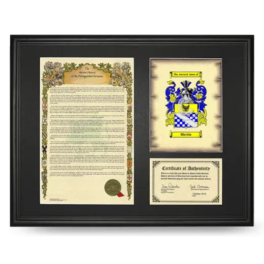 Mattia Framed Surname History and Coat of Arms - Black