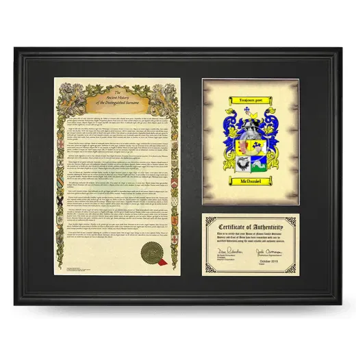 McDaniel Framed Surname History and Coat of Arms - Black