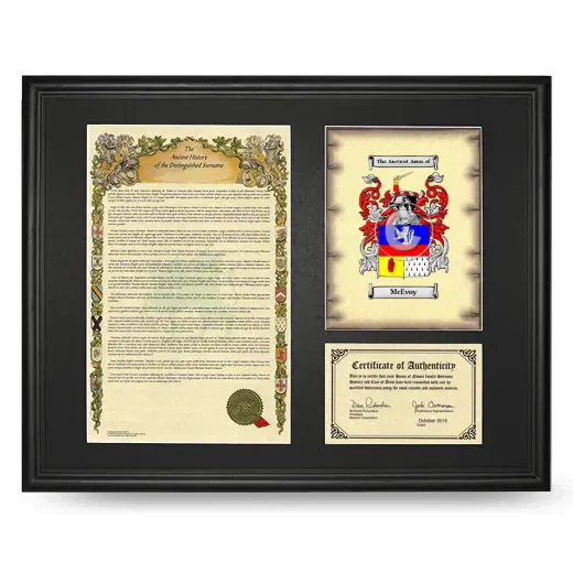 McEvoy Framed Surname History and Coat of Arms - Black